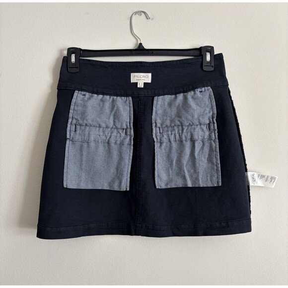 Anthropologie Pilcro Button Front Denim Mini Skirt 8 Medium Black Blue Pockets - Picture 2 of 6